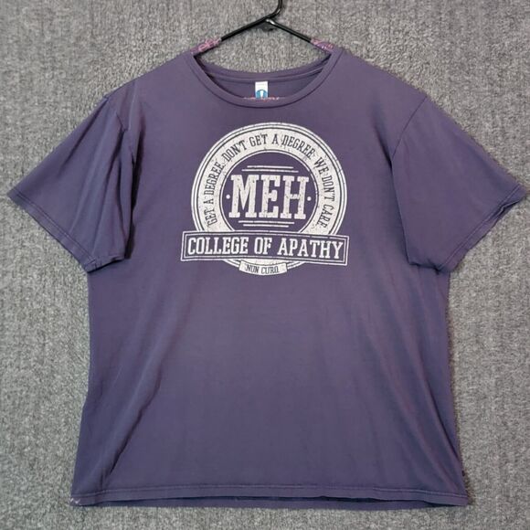 College Of Apathy T-Shirt Mens XL Purple Short Sleeve Crewneck Meh - Picture 1 of 11